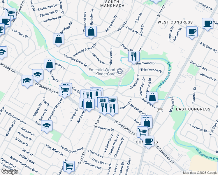 map of restaurants, bars, coffee shops, grocery stores, and more near 704a Ramble Lane in Austin