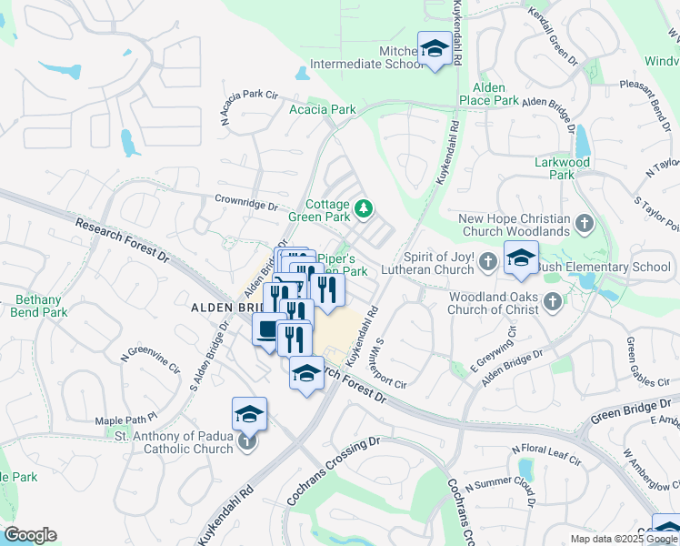 map of restaurants, bars, coffee shops, grocery stores, and more near 10 East Pipers Green Street in The Woodlands