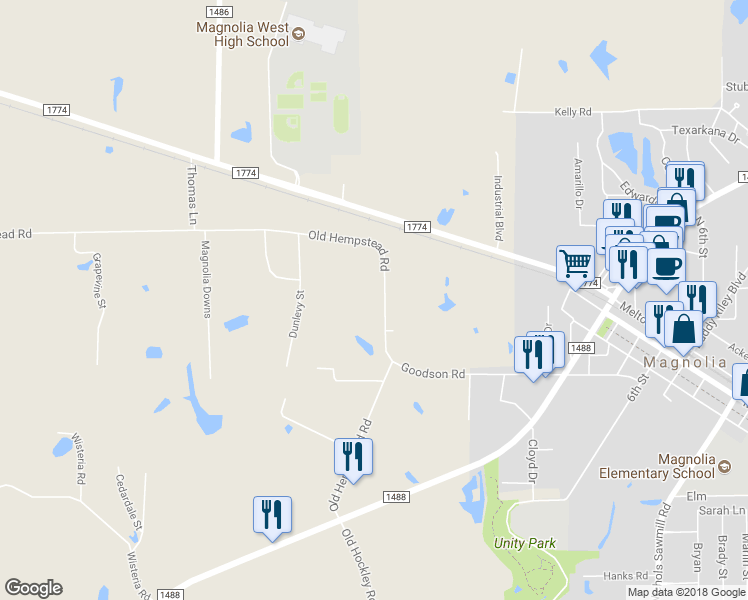 map of restaurants, bars, coffee shops, grocery stores, and more near 32121 Old Hempstead Road in Magnolia