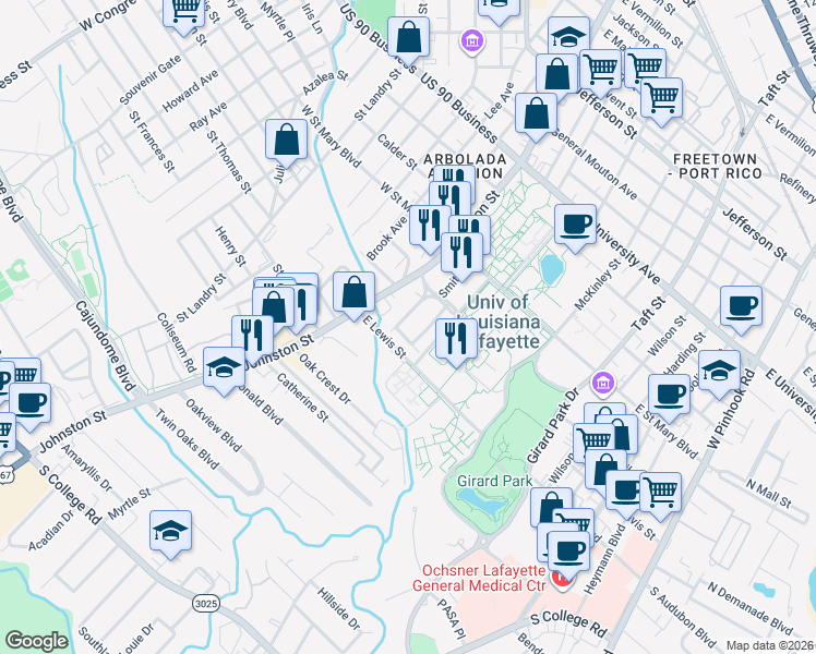 map of restaurants, bars, coffee shops, grocery stores, and more near 105 Seville Boulevard in Lafayette