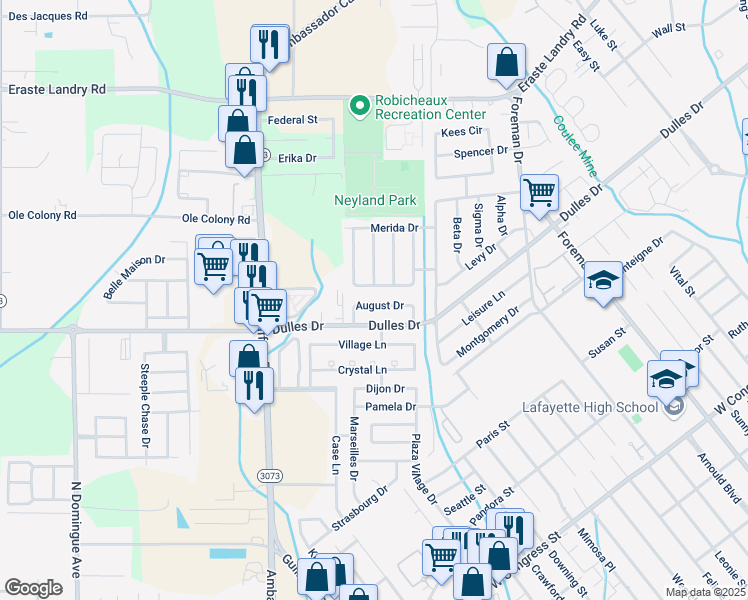 map of restaurants, bars, coffee shops, grocery stores, and more near 130-132 August Drive in Lafayette
