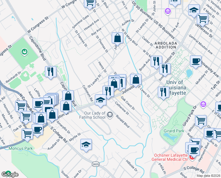 map of restaurants, bars, coffee shops, grocery stores, and more near 211 Saint Michael Street in Lafayette