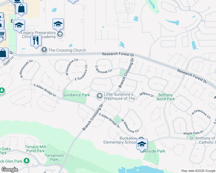 map of restaurants, bars, coffee shops, grocery stores, and more near 175 South Brooksedge Circle in Spring