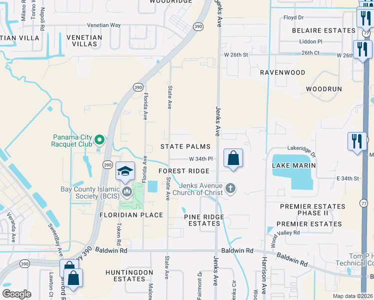 map of restaurants, bars, coffee shops, grocery stores, and more near 311 West 35th Court in Panama City