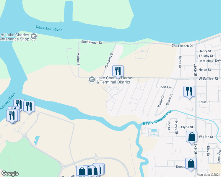 map of restaurants, bars, coffee shops, grocery stores, and more near 1455 William Street in Lake Charles
