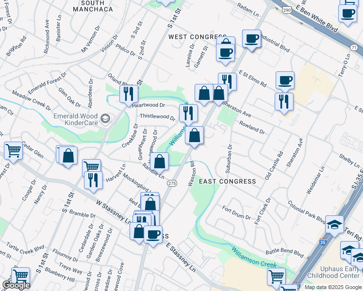 map of restaurants, bars, coffee shops, grocery stores, and more near 4933 South Congress Avenue in Austin