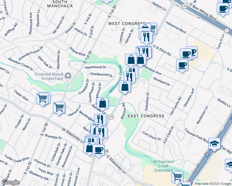 map of restaurants, bars, coffee shops, grocery stores, and more near 5010 South Congress Avenue in Austin