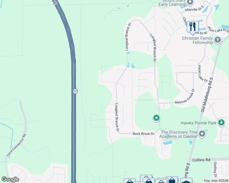 map of restaurants, bars, coffee shops, grocery stores, and more near 6504 Longleaf Branch Drive in Jacksonville