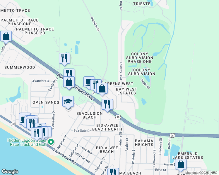 map of restaurants, bars, coffee shops, grocery stores, and more near 1604 Cape Cod Drive in Panama City Beach