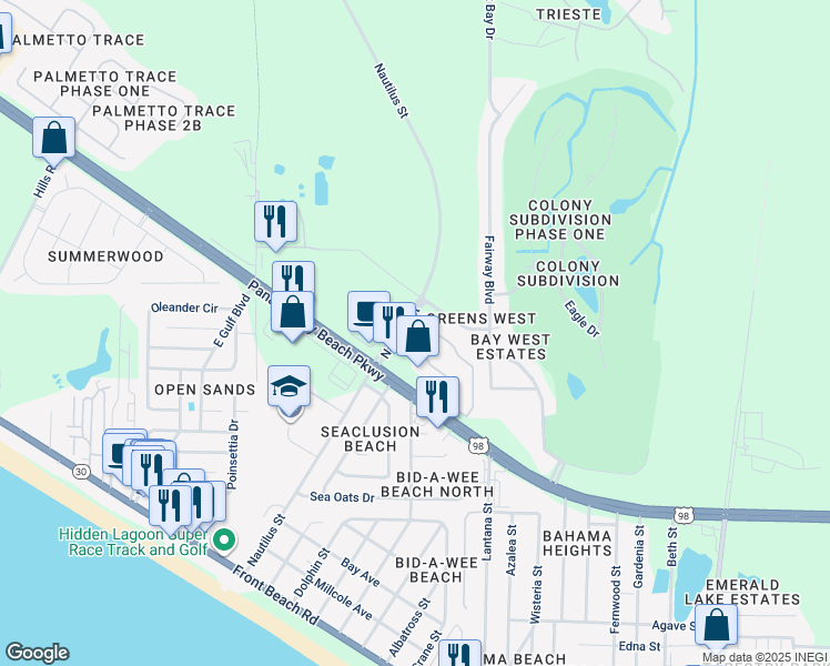 map of restaurants, bars, coffee shops, grocery stores, and more near 13830 Panama City Beach Parkway in Panama City Beach