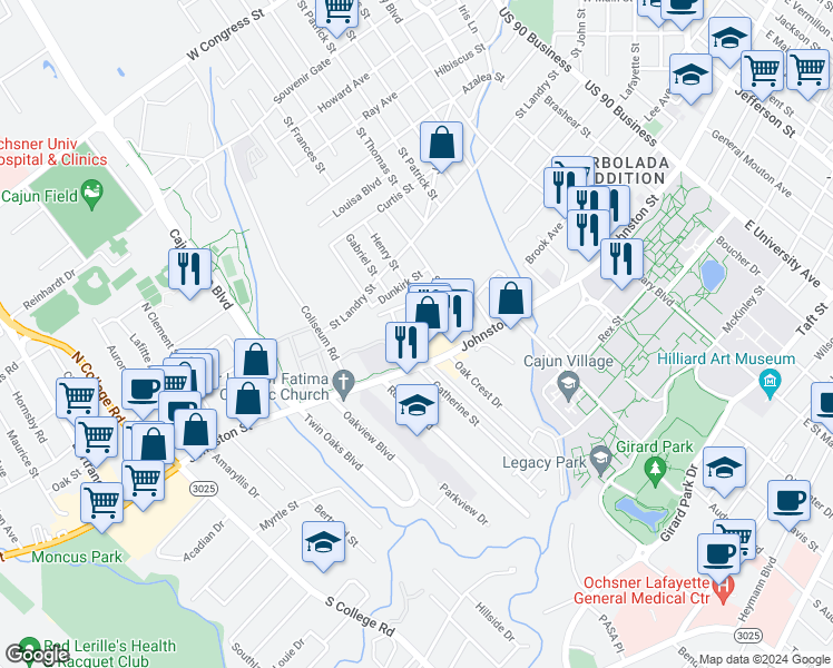map of restaurants, bars, coffee shops, grocery stores, and more near 215 Saint Michael Street in Lafayette