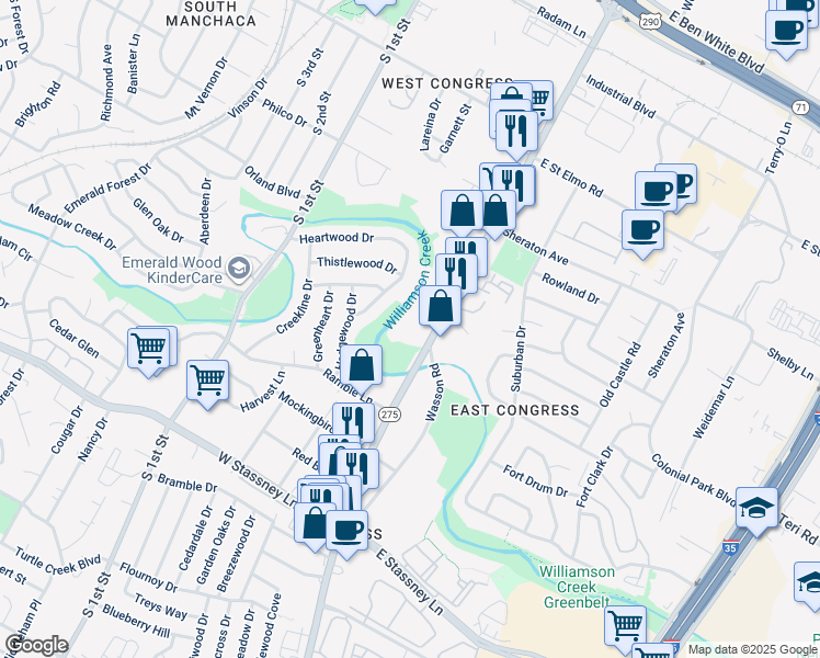 map of restaurants, bars, coffee shops, grocery stores, and more near 4933 South Congress Avenue in Austin