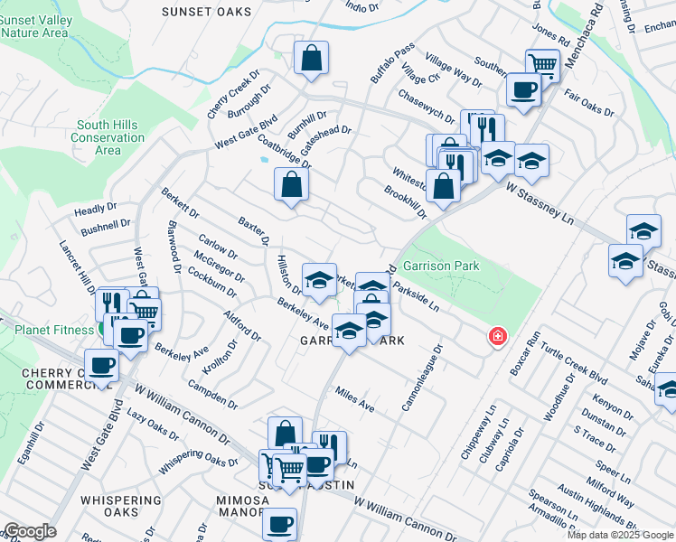 map of restaurants, bars, coffee shops, grocery stores, and more near 2306A Berkett Drive in Austin