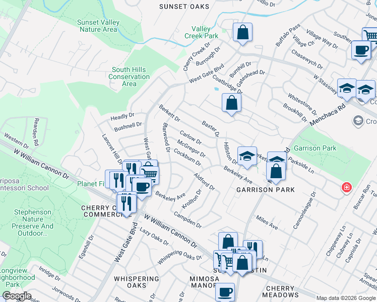 map of restaurants, bars, coffee shops, grocery stores, and more near 2605 Cockburn Drive in Austin