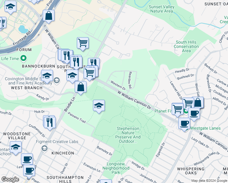 map of restaurants, bars, coffee shops, grocery stores, and more near 3309A West William Cannon Drive in Austin