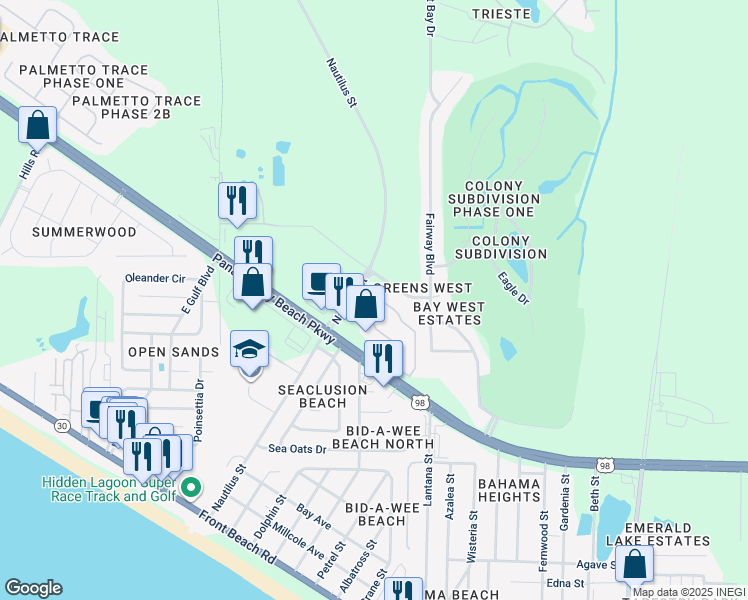 map of restaurants, bars, coffee shops, grocery stores, and more near 1604 Cape Cod Drive in Panama City Beach