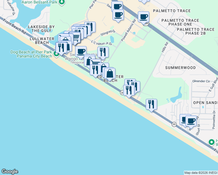 map of restaurants, bars, coffee shops, grocery stores, and more near 15615 Front Beach Road in Panama City