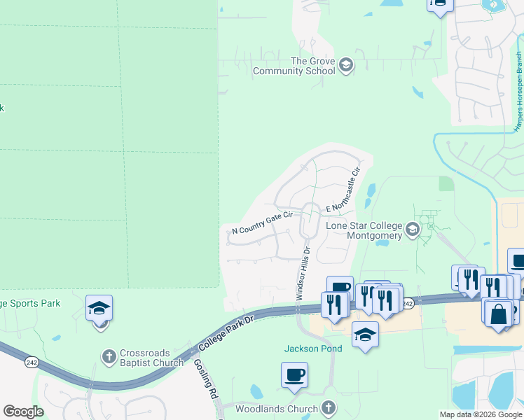 map of restaurants, bars, coffee shops, grocery stores, and more near 15 Barkley Park Court in Conroe