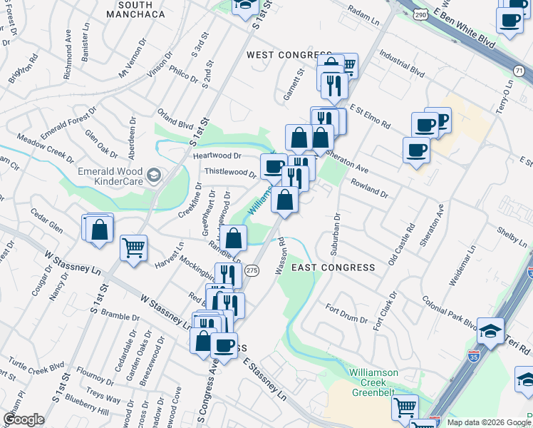 map of restaurants, bars, coffee shops, grocery stores, and more near 4933 South Congress Avenue in Austin