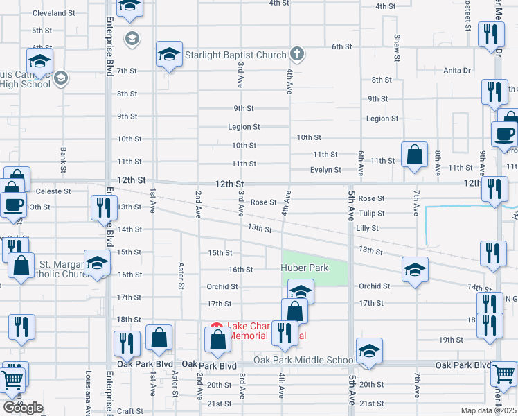 map of restaurants, bars, coffee shops, grocery stores, and more near 1808 Rose St in Lake Charles