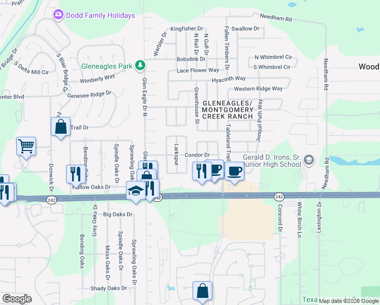 map of restaurants, bars, coffee shops, grocery stores, and more near 16955 Hummingbird in Conroe