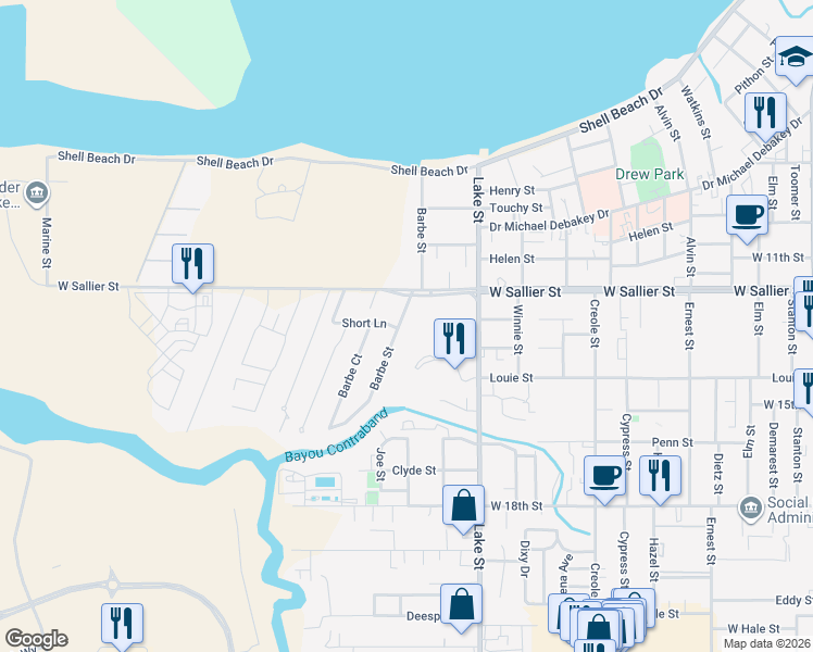 map of restaurants, bars, coffee shops, grocery stores, and more near 2101 Barbe Street in Lake Charles