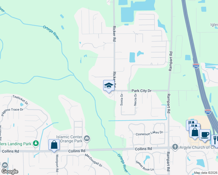 map of restaurants, bars, coffee shops, grocery stores, and more near 7480 Ricker Road in Jacksonville