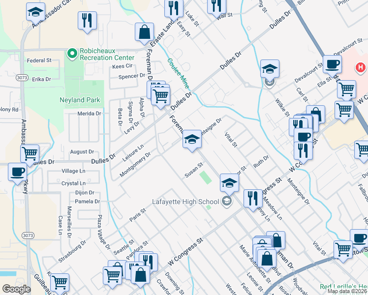 map of restaurants, bars, coffee shops, grocery stores, and more near 600 Foreman Drive in Lafayette