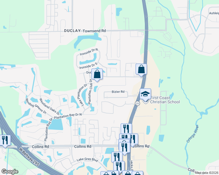 map of restaurants, bars, coffee shops, grocery stores, and more near 6221 Bizier Road in Jacksonville