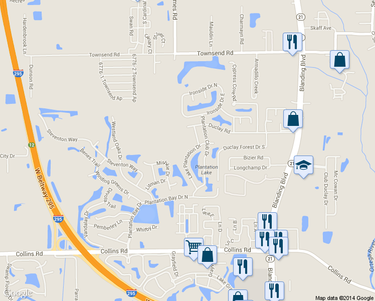 map of restaurants, bars, coffee shops, grocery stores, and more near 6309 Lake Plantation Drive in Jacksonville