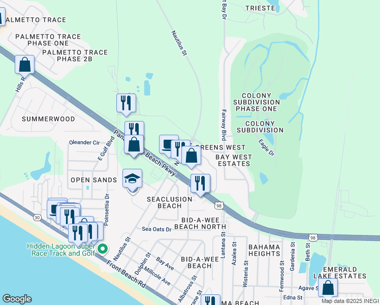 map of restaurants, bars, coffee shops, grocery stores, and more near 13830 Panama City Beach Parkway in Panama City Beach