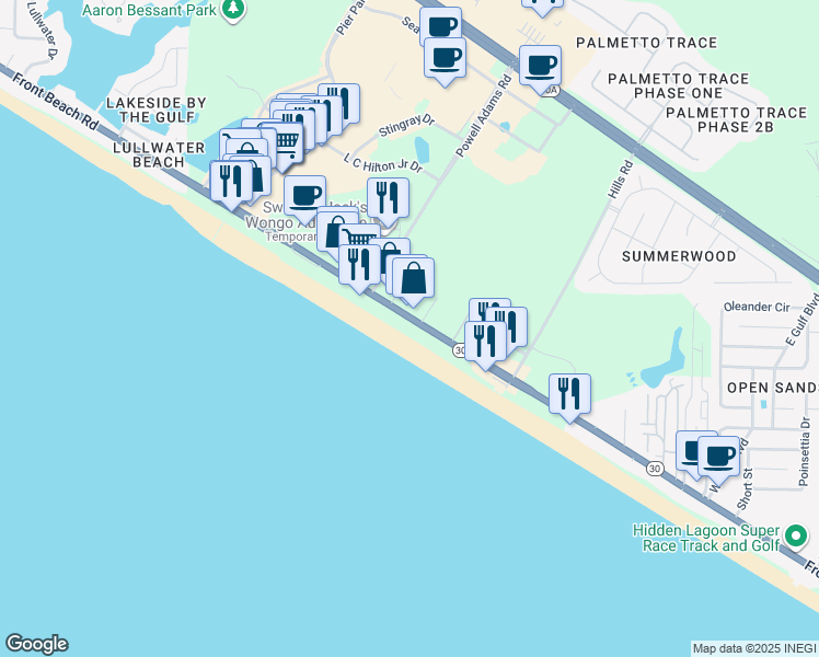 map of restaurants, bars, coffee shops, grocery stores, and more near 15615 Front Beach Road in Panama City