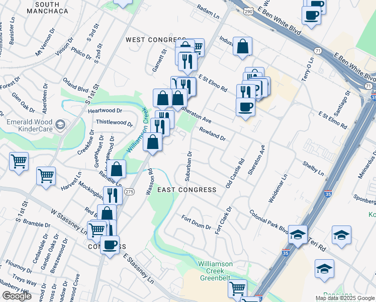 map of restaurants, bars, coffee shops, grocery stores, and more near 201 Liverpool Drive in Austin