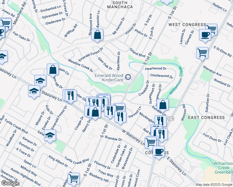 map of restaurants, bars, coffee shops, grocery stores, and more near 704a Ramble Lane in Austin
