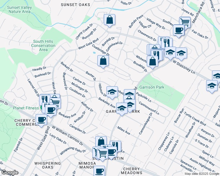 map of restaurants, bars, coffee shops, grocery stores, and more near 2306A Berkett Drive in Austin
