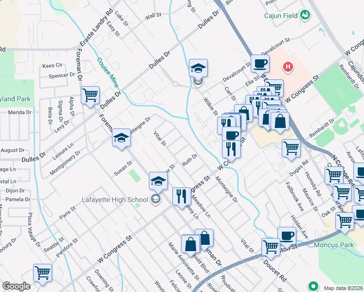 map of restaurants, bars, coffee shops, grocery stores, and more near 25 Monteigne Drive in Lafayette
