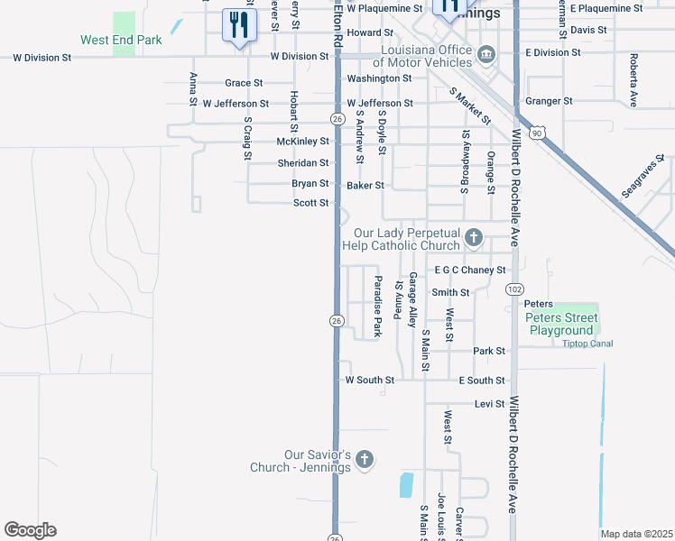 map of restaurants, bars, coffee shops, grocery stores, and more near 1101-1299 S Lake Arthur Ave in Jennings