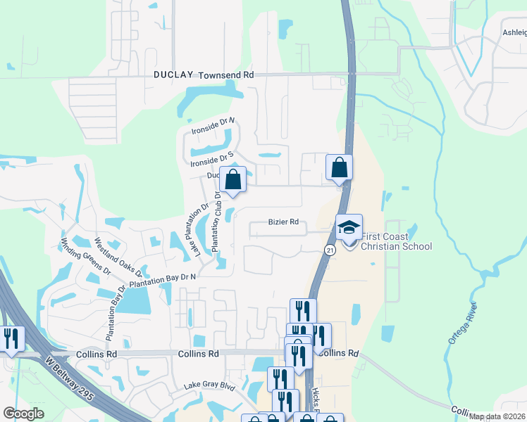 map of restaurants, bars, coffee shops, grocery stores, and more near 6221 Bizier Road in Jacksonville