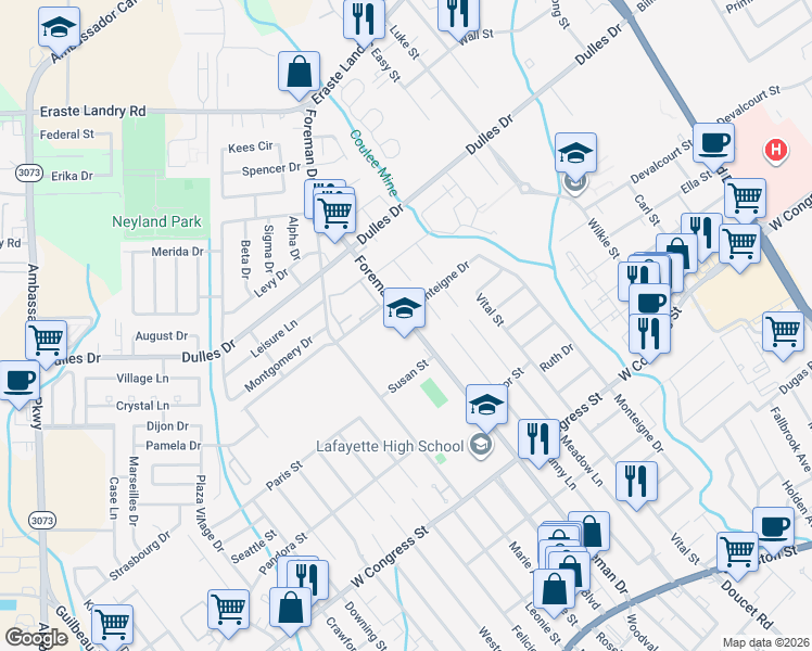 map of restaurants, bars, coffee shops, grocery stores, and more near 600 Foreman Drive in Lafayette