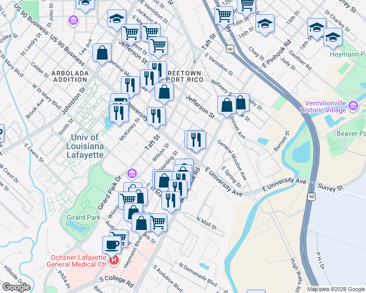 map of restaurants, bars, coffee shops, grocery stores, and more near 901 East University Avenue in Lafayette