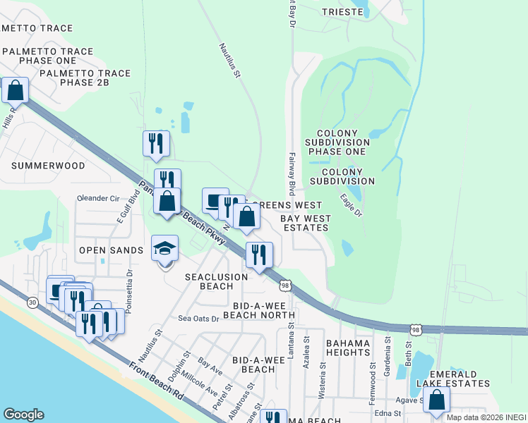 map of restaurants, bars, coffee shops, grocery stores, and more near 1604 Cape Cod Drive in Panama City Beach