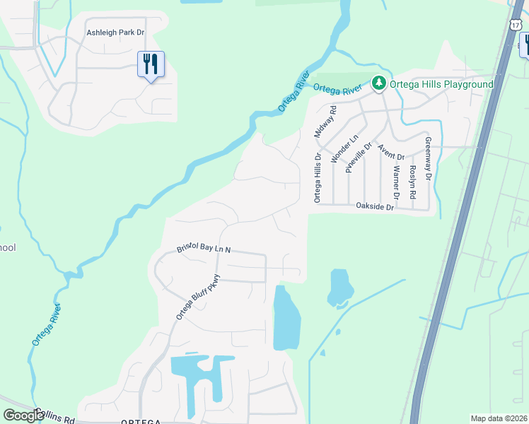map of restaurants, bars, coffee shops, grocery stores, and more near 7720 Ortega Bluff Parkway in Jacksonville