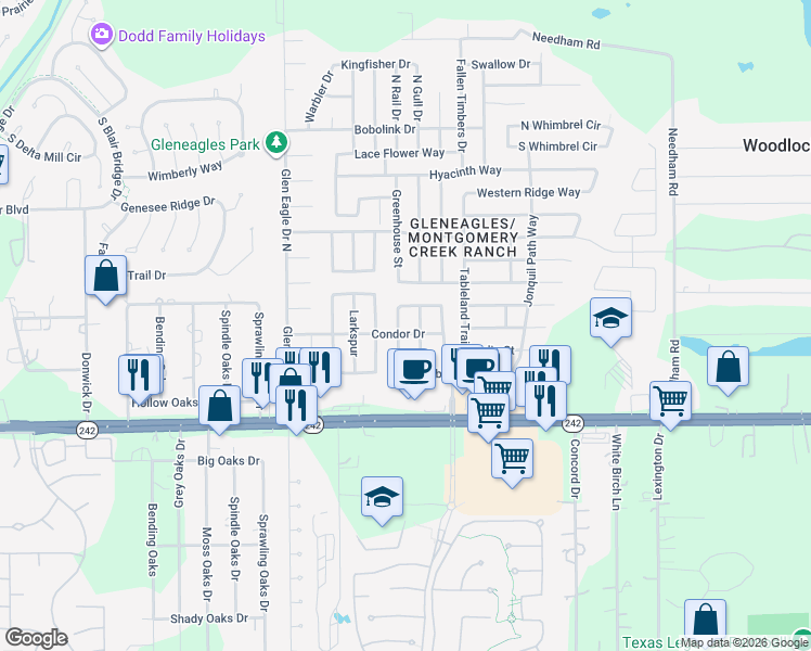 map of restaurants, bars, coffee shops, grocery stores, and more near 16952 Valiant Oak Street in Conroe