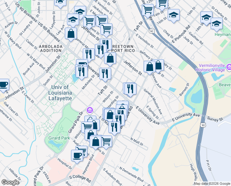 map of restaurants, bars, coffee shops, grocery stores, and more near 808 East University Avenue in Lafayette