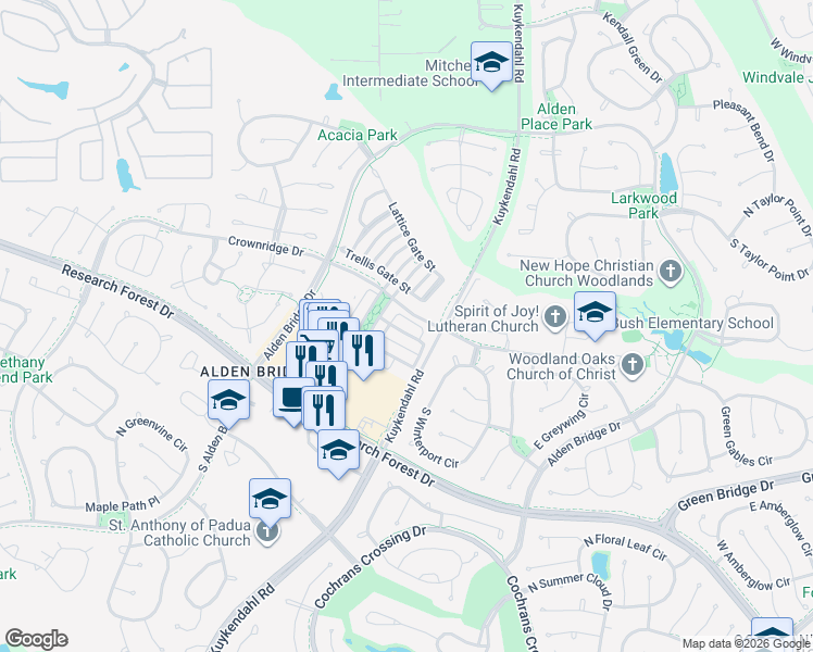 map of restaurants, bars, coffee shops, grocery stores, and more near 14 Crocus Petal Street in The Woodlands