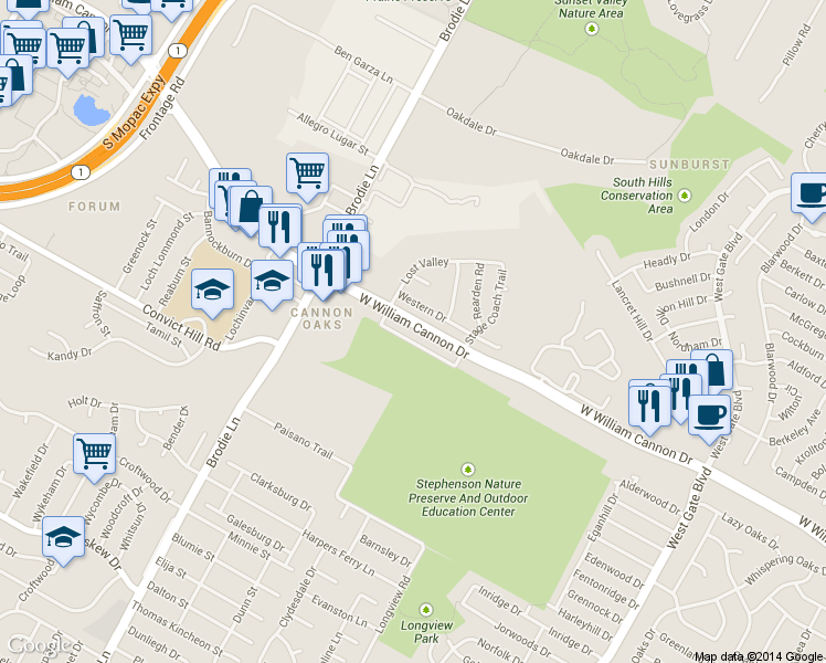 map of restaurants, bars, coffee shops, grocery stores, and more near 3309A West William Cannon Drive in Austin