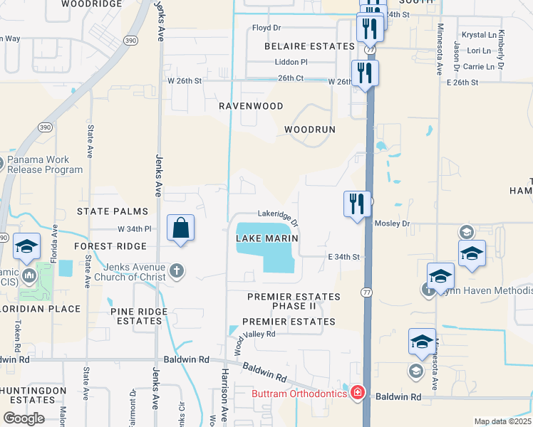 map of restaurants, bars, coffee shops, grocery stores, and more near Lakeridge Drive in Panama City