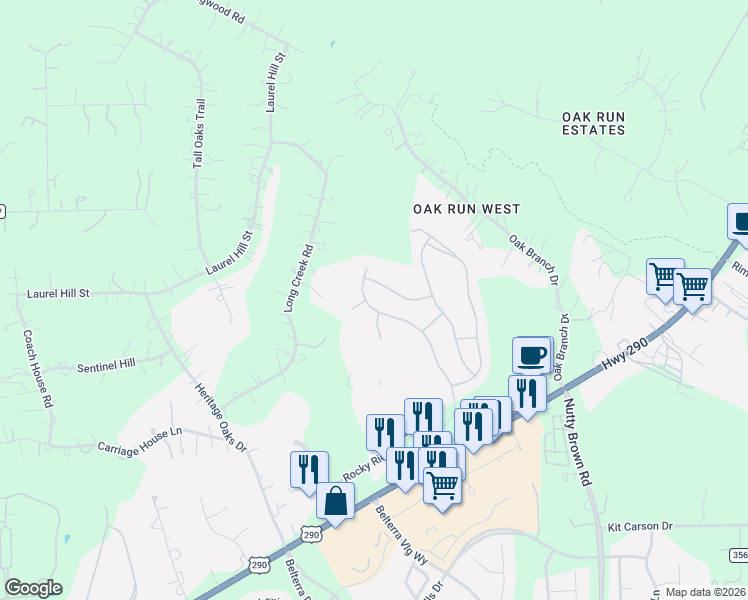 map of restaurants, bars, coffee shops, grocery stores, and more near 558 Ledge Stone Drive in Austin