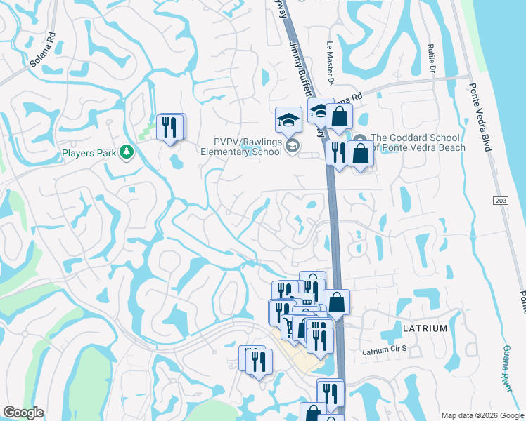 map of restaurants, bars, coffee shops, grocery stores, and more near 101 Vista Lagoon Court in Ponte Vedra Beach