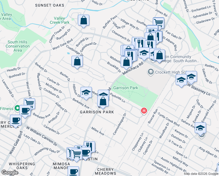 map of restaurants, bars, coffee shops, grocery stores, and more near 6100 Menchaca Road in Austin